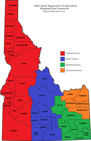 ISDA district map on the State of Idaho. Four districts are highlighted in different colors.