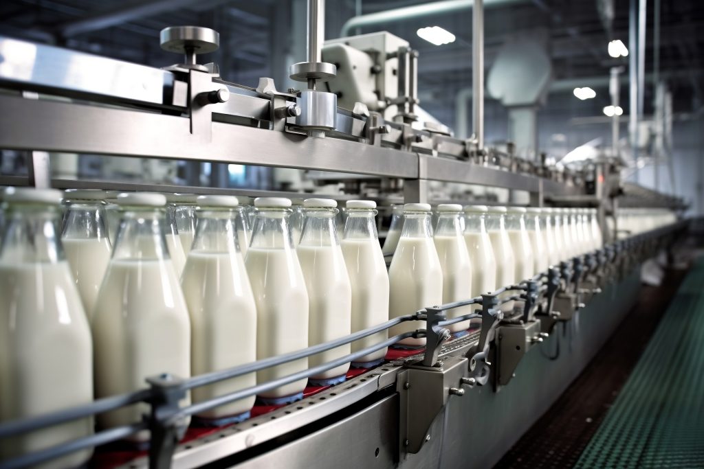 Glass bottles of milk lined up on equipment in a dairy production plant.