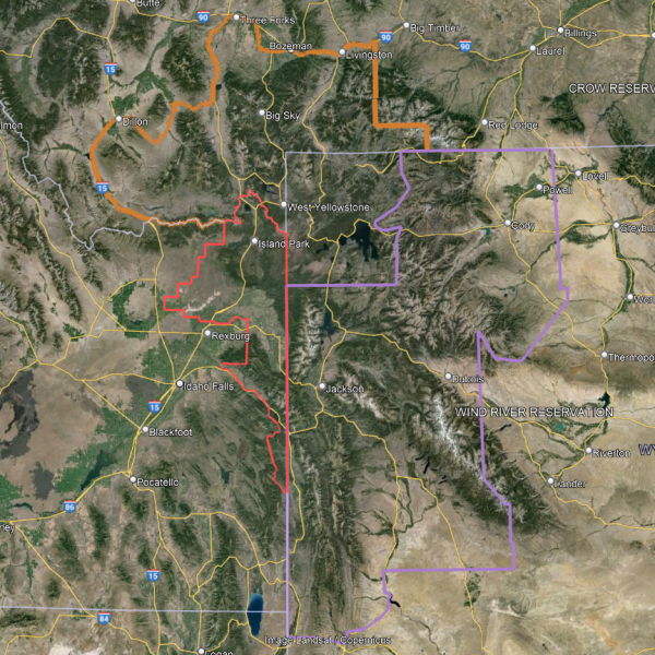 Image from Google Earth showing the terrain and the borders of the designated surveillance areas in Idaho, Montana and Wyoming