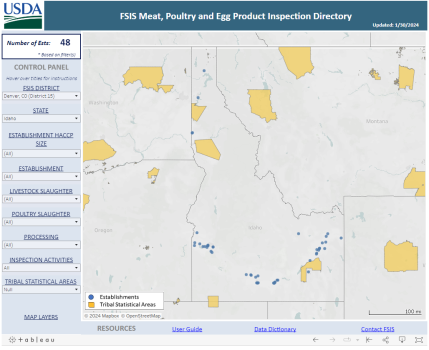 Image from link of USDA FSIS map showing slaughter establishments in Idaho