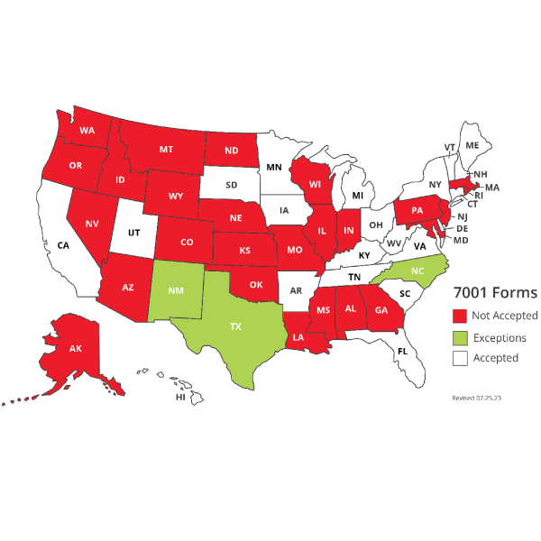 Map from GlobalVetLink showing states' APHIS 7001 acceptance status.
