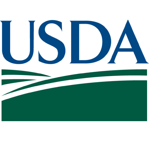 Color version of United States Department of Agriculture Logo with blue USDA letters and a dark green field design underneath.